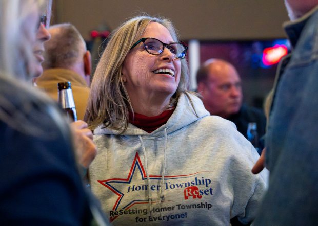 Homer Township ReSet candidate for supervisor Sue Steilen speaks with supporters during a watch party as results come in for the Republican primary on Feb. 25, 2025. (Nate Swanson/for the Chicago Tribune)