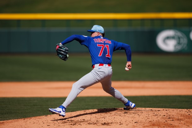 Chicago Cubs pitcher Keegan Thompson pitches during live batting practice at spring training at Sloan Park Wednesday Feb. 19, 2025, in Mesa, Ariz. (Armando L. Sanchez/Chicago Tribune)