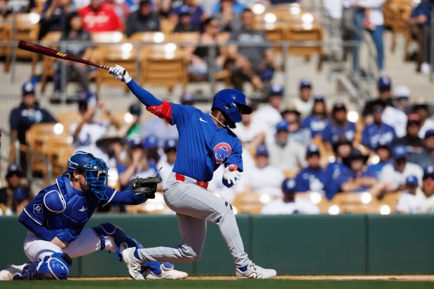 Chicago Cubs shortstop Vidal Bruján (17) strikes out during the first inning against the Los Angeles Dodgers at Camelback Ranch Thursday Feb. 20, 2025, in Glendale, Arizona. (Armando L. Sanchez/Chicago Tribune)