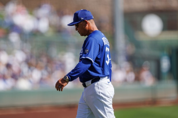 Los Angeles Dodgers manager Dave Roberts (30) walks to the dugout after checking on Los Angeles Dodgers pitcher Bobby Miller (28) after he was hit by a pitch from Chicago Cubs first base Michael Busch (29) during the third inning at spring training at Camelback Ranch Thursday Feb. 20, 2025, in Glendale, Arizona. (Armando L. Sanchez/Chicago Tribune)