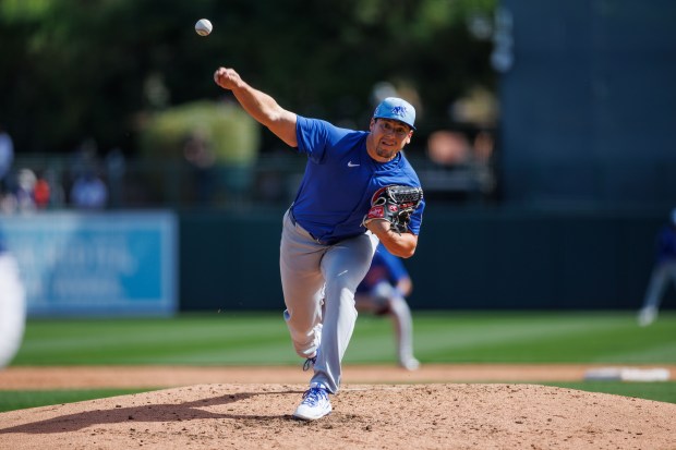 Chicago Cubs pitcher Brad Keller pitches during the third inning against the Los Angeles Dodgers at Camelback Ranch Thursday Feb. 20, 2025, in Glendale, Arizona. (Armando L. Sanchez/Chicago Tribune)