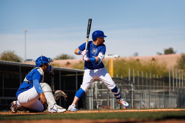 Chicago Cubs infielder Justin Turner (3) stands at the plate during live batting practice at spring training at Sloan Park Friday Feb. 21, 2025, in Mesa, Arizona. (Armando L. Sanchez/Chicago Tribune)