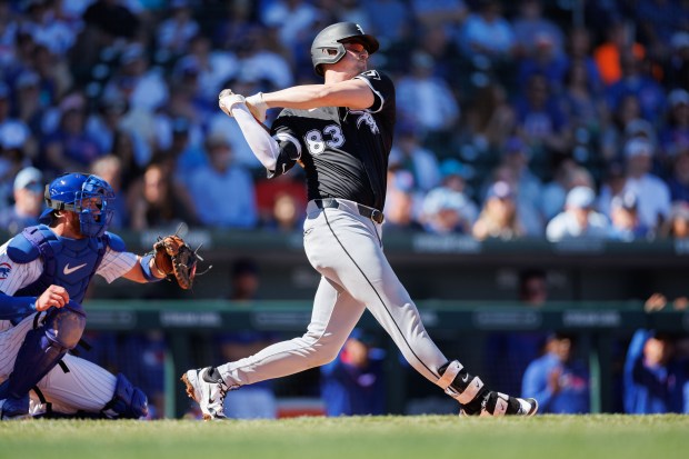 Chicago White Sox shortstop Colson Montgomery (83) gets a strike during the second inning against the Chicago Cubs at spring training at Sloan Park Saturday Feb. 22, 2025, in Mesa, Arizona. (Armando L. Sanchez/Chicago Tribune)