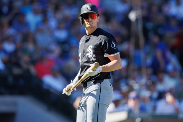 White Sox shortstop Colson Montgomery walks to the dugout after striking out in the second inning against the Cubs at Sloan Park on Feb. 22, 2025, in Mesa, Ariz. (Armando L. Sanchez/Chicago Tribune)