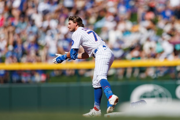 Cubs third baseman Benjamin Cowles stands on second base after hitting an RBI double in the second inning against the White Sox at Sloan Park on Feb. 22, 2025, in Mesa, Ariz. (Armando L. Sanchez/Chicago Tribune)