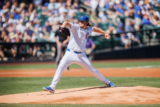 Cubs pitcher Justin Steele delivers during the first inning against the White Sox during a Cactus League game at Sloan Park on Feb. 22, 2025, in Mesa, Ariz. (Armando L. Sanchez/Chicago Tribune)