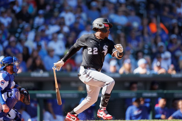 White Sox outfielder Oscar Colás (22) hits a groundout during the second inning against the Cubs on Feb. 22, 2025, at Sloan Park in Mesa, Ariz. (Armando L. Sanchez/Chicago Tribune)