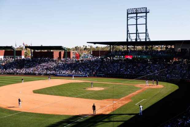 Fans watch the Chicago Cubs play the Chicago White Sox during the seventh inning at spring training at Sloan Park Saturday Feb. 22, 2025, in Mesa, Arizona. (Armando L. Sanchez/Chicago Tribune)