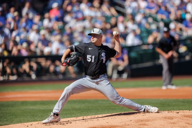 White Sox pitcher Jared Shuster delivers in the first inning against the Cubs in a Cactus League game at Sloan Park on Feb. 22, 2025, in Mesa, Ariz. (Armando L. Sanchez/Chicago Tribune)