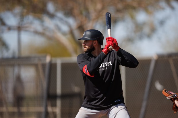 Chicago White Sox outfielder and first baseman Joey Gallo stands at the plate during live batting practice at spring training at Camelback Ranch Tuesday Feb. 18, 2025, in Glendale, Ariz. (Armando L. Sanchez/Chicago Tribune)