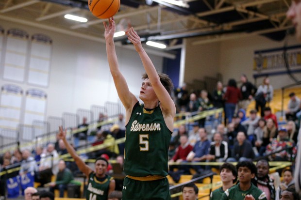 Stevenson's Rocco Pagliocca (5), taking a three point shot, during the game on Friday, Feb. 7, 2025, in Gurnee. (Mark Ukena/for the Lake County News-Sun)