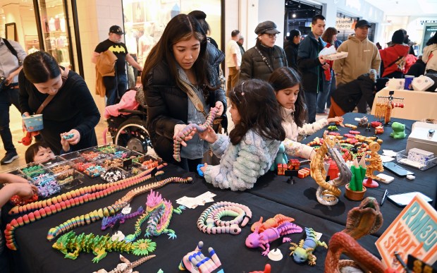 Center, Paty Martinez of Lake Forest shops with daughter Belinda, 6, a kindergartner, Ariela, 7, a second-grader and Celina, 2, at the Lunar New Year Celebration at Hawthorn in Vernon Hills on Feb. 1, 2025. (Karie Angell Luc/Lake County News-Sun)