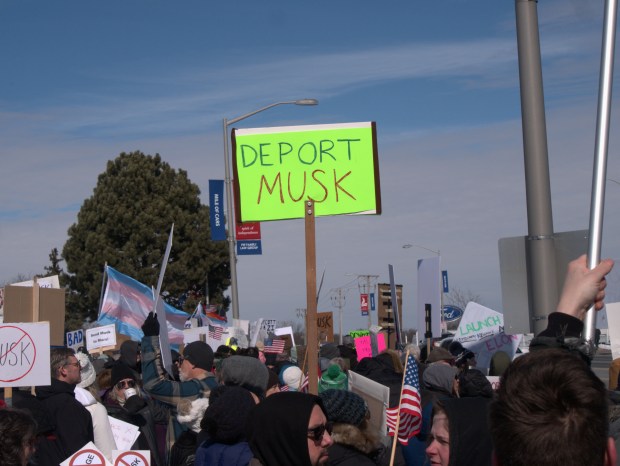 A sign calls to "Deport Musk" during a protest against Elon Musk in front of the Libertyville Tesla dealership Saturday. Musk's public presence has grown substantially as the apparent leader of the new Department of Government Efficiency.