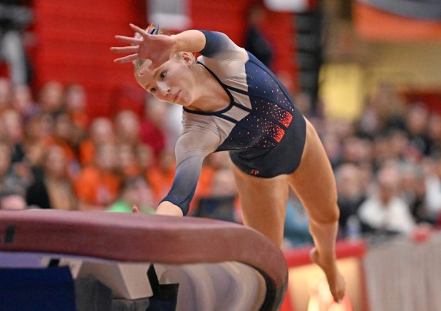 Oswego's Sam Phillip performing on the Vault during Saturday's finals of the IHSA State Meet at Palatine High School, February 22, 2025. (Brian O'Mahoney for the Chicago Tribune)