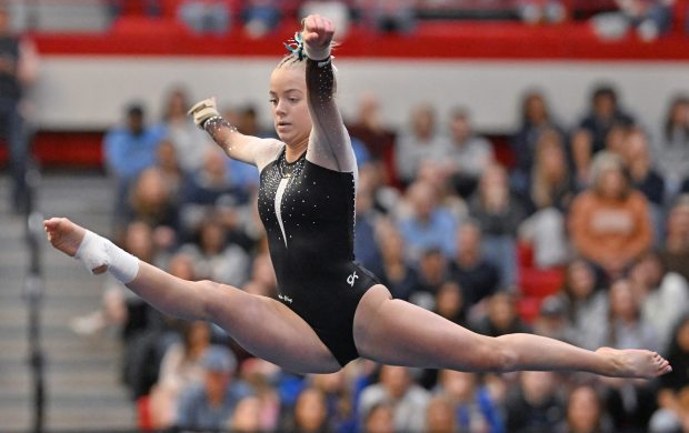 Lincoln-Way East's Jillian Riebe performing on the Floor Exercise during Saturday's finals of the IHSA State Meet at Palatine High School, February 22, 2025. (Brian O'Mahoney for the Chicago Tribune)