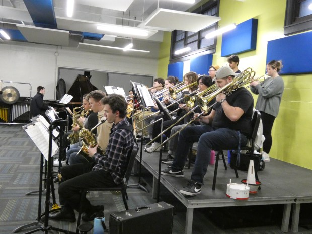 Elmhurst University Jazz Band musicians rehearse ahead of the school's 58th Annual Jazz Festival, which kicks off Feb. 20. (Graydon Megan/Pioneer Press)