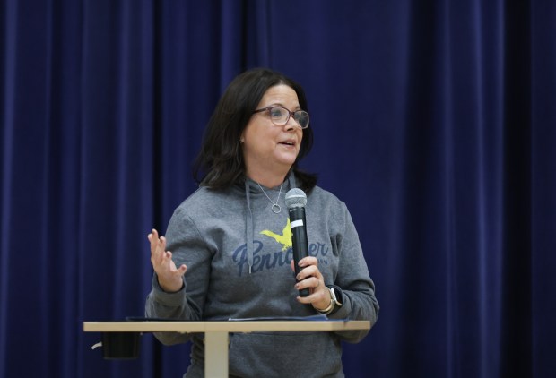 Pennoyer School District 79 Superintendent Kristin Kopta speaks during a ribbon cutting at Pennoyer Elementary School Jan. 29, 2025 in Norridge. (Talia Sprague/for Pioneer Press)