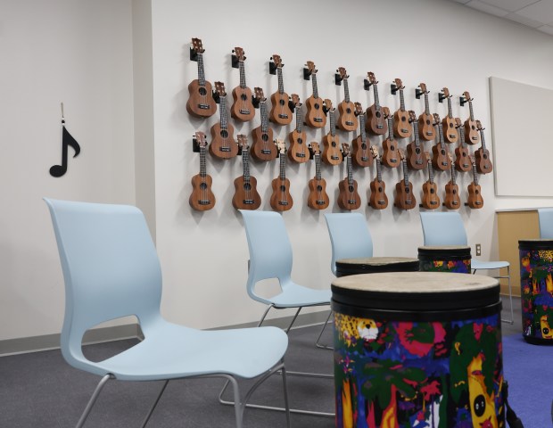 A music classroom is seen during a ribbon cutting and open house at Pennoyer School in Norridge on Wednesday, Jan. 29, 2025. (Talia Sprague / Pioneer Press)