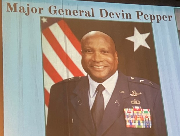 An image of Major General Devin Pepper appears during a presentation of Tradition of Excellence awards Feb. 13 at Oak Park and River Forest High School. Pepper could not be on hand to accept the award but participated in a recorded video interview. (Bob Skolnik/Pioneer Press)