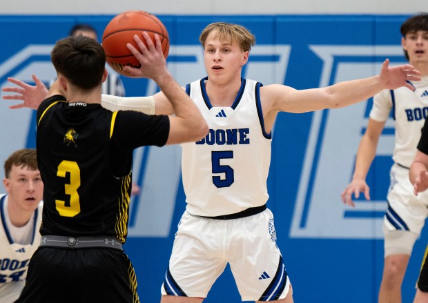 Boone Grove's Andrew Batesole guards Kouts' Lucas Kleckner