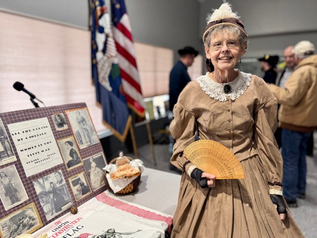 Elaine Wojcinski, of Highland, talks about women's role in the Civil War during a Kankakee Valley Historical Society Saturday, Feb. 8, 2025, in Kouts. Maria "Belle" Boyd flirted with Union troops, easily passing between the camps to spy for the Confederate Army. (Doug Ross/for Post-Tribune)