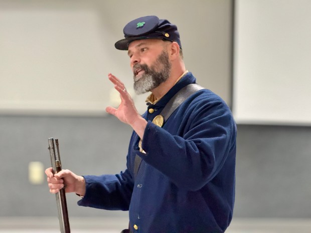 Chesterton High School history teacher Bob DeRuntz talks about his annual Civil War encampment to give students a better taste of life during the war in a program Saturday, Feb. 8, 2025, in Kouts. (Doug Ross/for Post-Tribune)