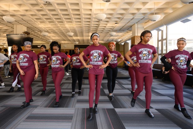 Thea Bowman dance team members practice a dance during a visit from Dance Theatre of Harlem members at Indiana University Northwest on Tuesday, Feb. 25, 2025. (Kyle Telechan/for the Post-Tribune)