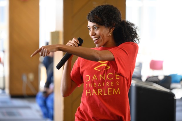 Dance Theatre of Harlem dancer Lindsey Donnell instructs Thea Bowman dance and cheer teams in an exercise at Indiana University Northwest as part of the campus's Black History Month celebrations on Tuesday, Feb. 25, 2025. (Kyle Telechan/for the Post-Tribune)