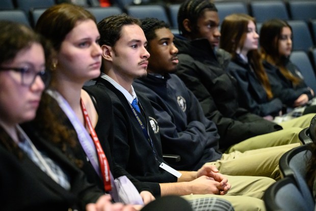 Bishop Noll students listen as a case is presented during an Appeals on Wheels visit to Indiana University Northwest on Friday, Feb. 7, 2025. (Kyle Telechan/for the Post-Tribune)