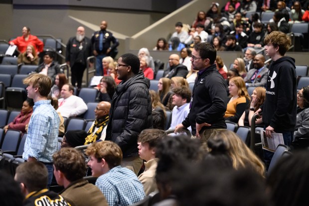 Students and visitors line up to ask questions to Indiana Court of Appeals judges Nancy Vaidik, Judge Elizabeth Tavitas, and Judge Paul Felix, during an Appeals on Wheels visit to Indiana University Northwest on Friday, Feb. 7, 2025. (Kyle Telechan/for the Post-Tribune)