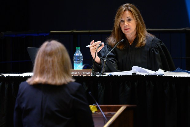 Indiana Court of Appeals Judge Elizabeth Tavitas asks a question to attorney for the appellant, public defender Jan Berg, during an Appeals on Wheels visit to Indiana University Northwest on Friday, Feb. 7, 2025. (Kyle Telechan/for the Post-Tribune)