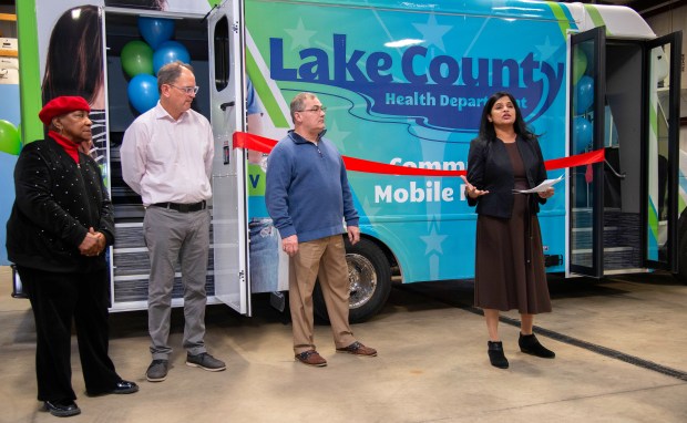 The Lake County Health Department unveiled its new mobile clinic in Crown Point on Friday, Feb. 7, 2025. From right are health officer Dr. Chandana Vavilala, State Sen. Dan Dernulc, R-Highland, Lake County Commissioner Michael Repay, D-Hammond and Lake County Health Board vice president Dr. Deborah McCullough. (Michael Gard/for the Post-Tribune)