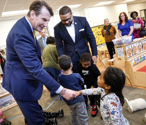 U.S. Rep. Frank Mrvan, D-Highland, greets preschoolers as he and Gary Mayor Eddie Melton visit the Geminus Head Start at St. Mark Early Learning Academy in Gary. Mrvan held a press conference to set the record straight on Trump's federal funding freeze and its impact on Head Start programs on Thursday, Feb. 20, 2025. (John Smierciak / Post-Tribune)