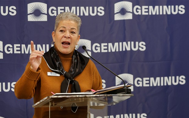 Dr. Karen Carradine speaks to the crowd after U.S. Rep. Frank Mrvan, D-Highland, toured the Geminus Head Start. at St. Mark Early Learning Academy in Gary. Mrvan toured the school and held a press conference to set the record straight on Trump's federal funding freeze and its impact on Head Start programs on Thursday, Feb. 20, 2025. (John Smierciak / Post-Tribune)