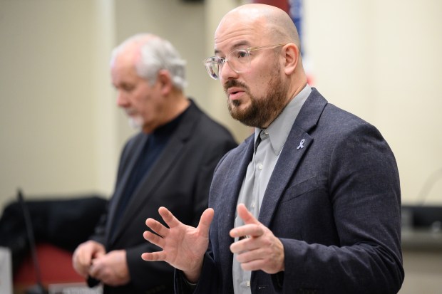 State Sen. Rodney Pol Jr., D-Chesterton, (right) speaks at a town hall that he and State Rep. Chuck Moseley, D-Portage, hosted on Saturday, Feb. 22, 2025 at Portage City Hall. (Kyle Telechan/for the Post-Tribune)