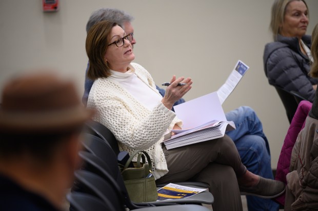 Early Childhood Education advocate Martha Rae speaks during a public town hall meeting hosted by State Sen. Rodney Pol Jr., D-Chesterton, and State Rep. Chuck Moseley, D-Portage, on Saturday, Feb. 22, 2025 at Portage City Hall. (Kyle Telechan/for the Post-Tribune)