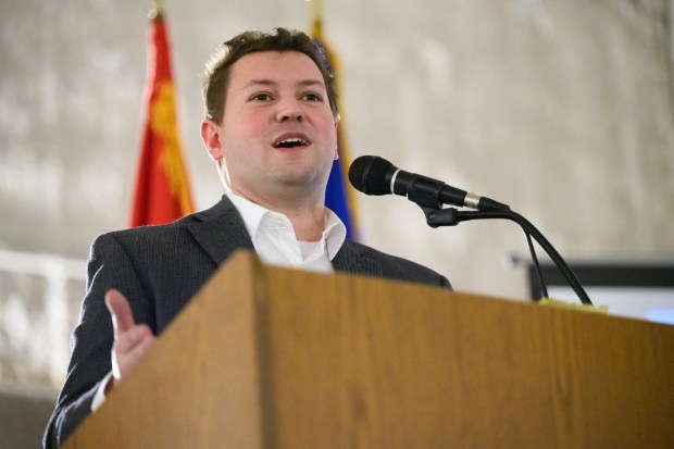 Portage Mayor Austin Bonta speaks during the State of the City Luncheon at Woodland Park on Thursday, Feb. 20, 2025. (Kyle Telechan/for the Post-Tribune)