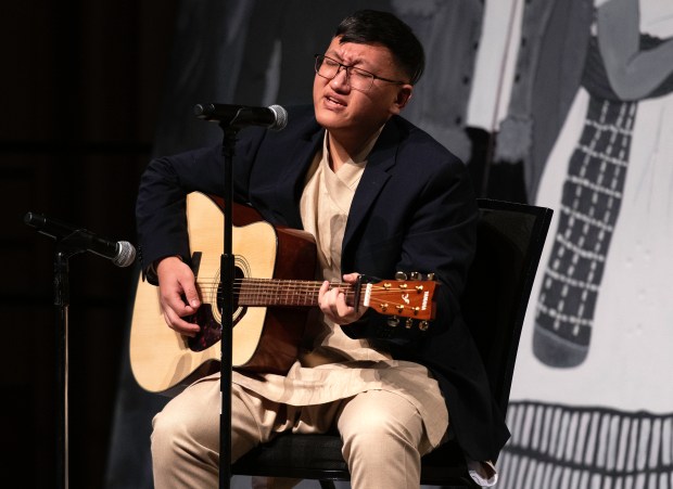 Yehang Rai sings a Nepalese love song during the Valparaiso International Student Association's 45th annual World Banquet at Valparaiso University on Saturday, Feb. 8, 2025. (Michael Gard/for the Post-Tribune)