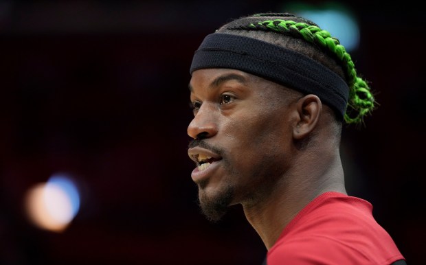 Heat forward Jimmy Butler warms up on the court before a game against the Pacers on Jan. 2, 2025, in Miami. (AP Photo/Lynne Sladky)