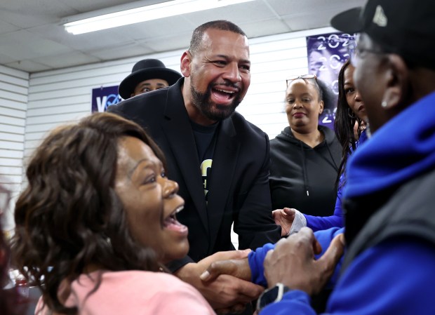 Dolton mayoral candidate Jason House thanks a supporter as he celebrates a victory in the primary election over incumbent Mayor Tiffany Henyard in Dolton on Feb. 25, 2025. (Chris Sweda/Chicago Tribune)