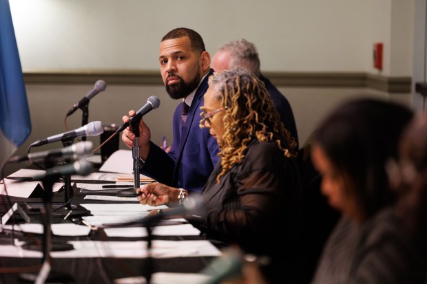 Dolton Trustee Jason House looks toward fellow board members while presiding over the Dolton Village Board meeting Feb. 3, 2025. (Armando L. Sanchez/Chicago Tribune)