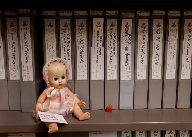 A shelf of recordings from Park Forest residents and events is part of the Park Forest Historical Society archives St. Mary Church in Park Forest. (John Smierciak / Daily Southtown)