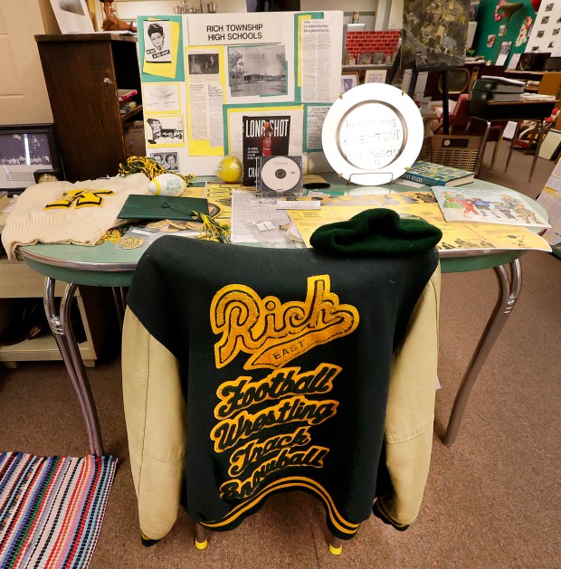 Rich East High School memorabilia is displayed inside the Park Forest 1950s House Museum on Friday, Feb. 7. (John Smierciak / Daily Southtown)