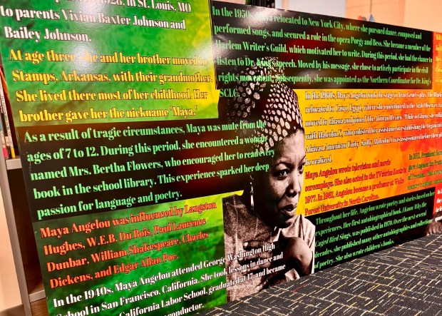 A board sharing information about Maya Angelou will be on display in Harvey's Maya Angelou Elementary during February. (Velvet Driver)