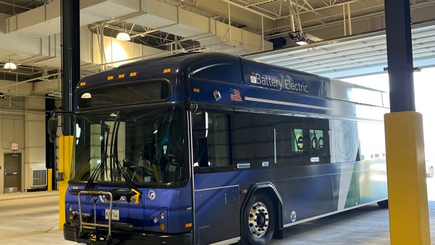 One of the first two fully electric Pace buses at the Pace Acceptance Facility in Markham on Feb. 7, 2025. (Samantha Moilanen/Daily Southtown)