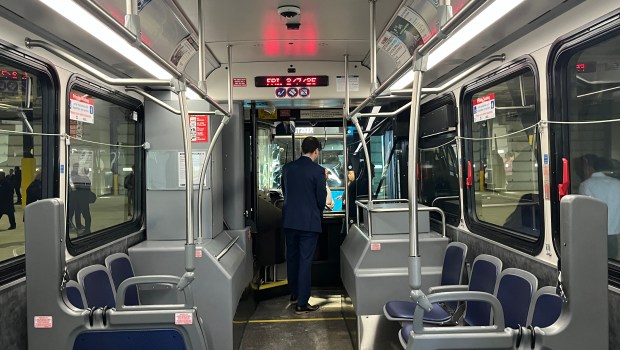 Inside one of Pace's new fully electric buses at the Pace Acceptance Facility in Markham on Feb. 7, 2025. (Samantha Moilanen/Daily Southtown)