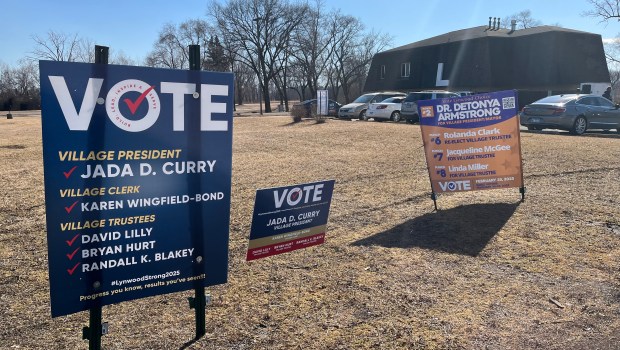 Campaign signs at the Lynwood Senior Youth Center on Feb. 25, 2025. (Samantha Moilanen/Daily Southtown)