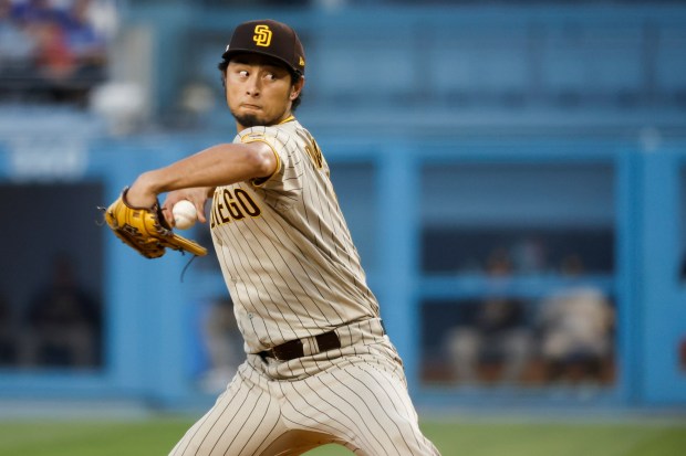 San Diego Padres starting pitcher Yu Darvish delivers a pitchduring the second inning in game two of the NLDS against the Los Angeles Dodgers at Dodger Stadium on Wednesday, Oct. 12, 2022 in Los Angeles, CA.(K.C. Alfred / The San Diego Union-Tribune)