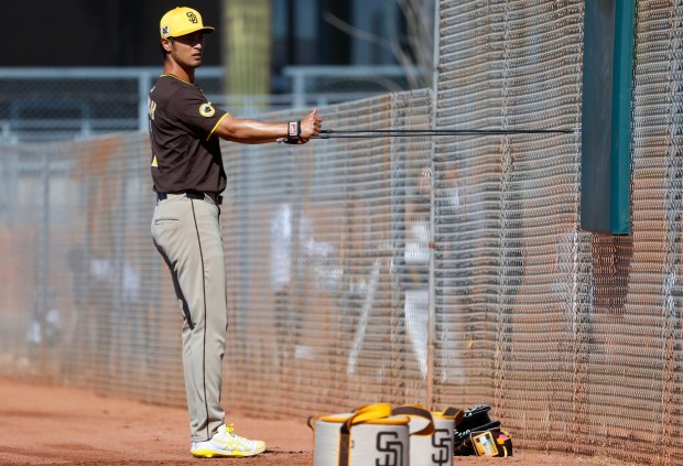 San Diego Padres' Yu Darvish stretches during a spring training practice on Saturday, Feb. 22, 2025. (K.C. Alfred / The San Diego Union-Tribune)