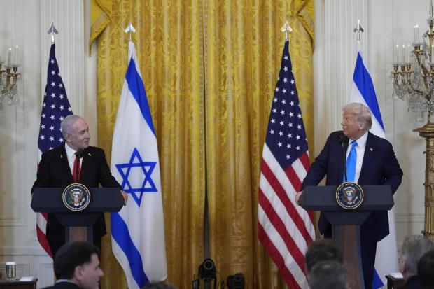 FILE - President Donald Trump and Israeli Prime Minister Benjamin Netanyahu speak during a news conference in the East Room of the White House, Tuesday, Feb. 4, 2025, in Washington. (AP Photo/Alex Brandon, file)